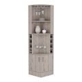 Syrah Corner Bar Cabinet, Eight Bottle Cubbies, Double Door, Two Open Shelves Light Gray Light Gray Modern Particle Board Particle Board