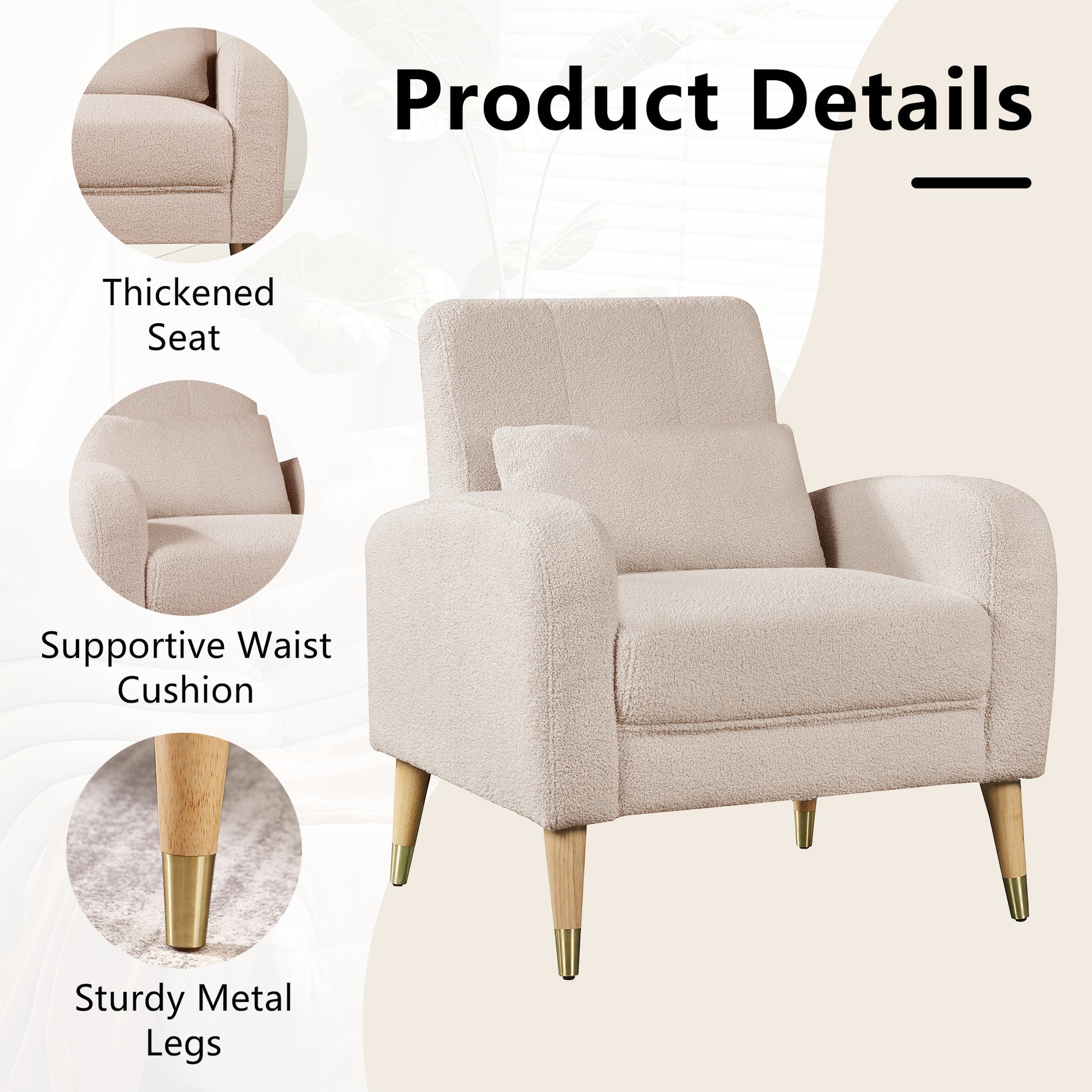 Mid Century Modern Accent Chair, Upholstered Armchair Living Room Chair, Comfy Single Sofa Chair With Metal Legs, Polyester Fabric Chair For Living Room Bedroom Camel Sherpa