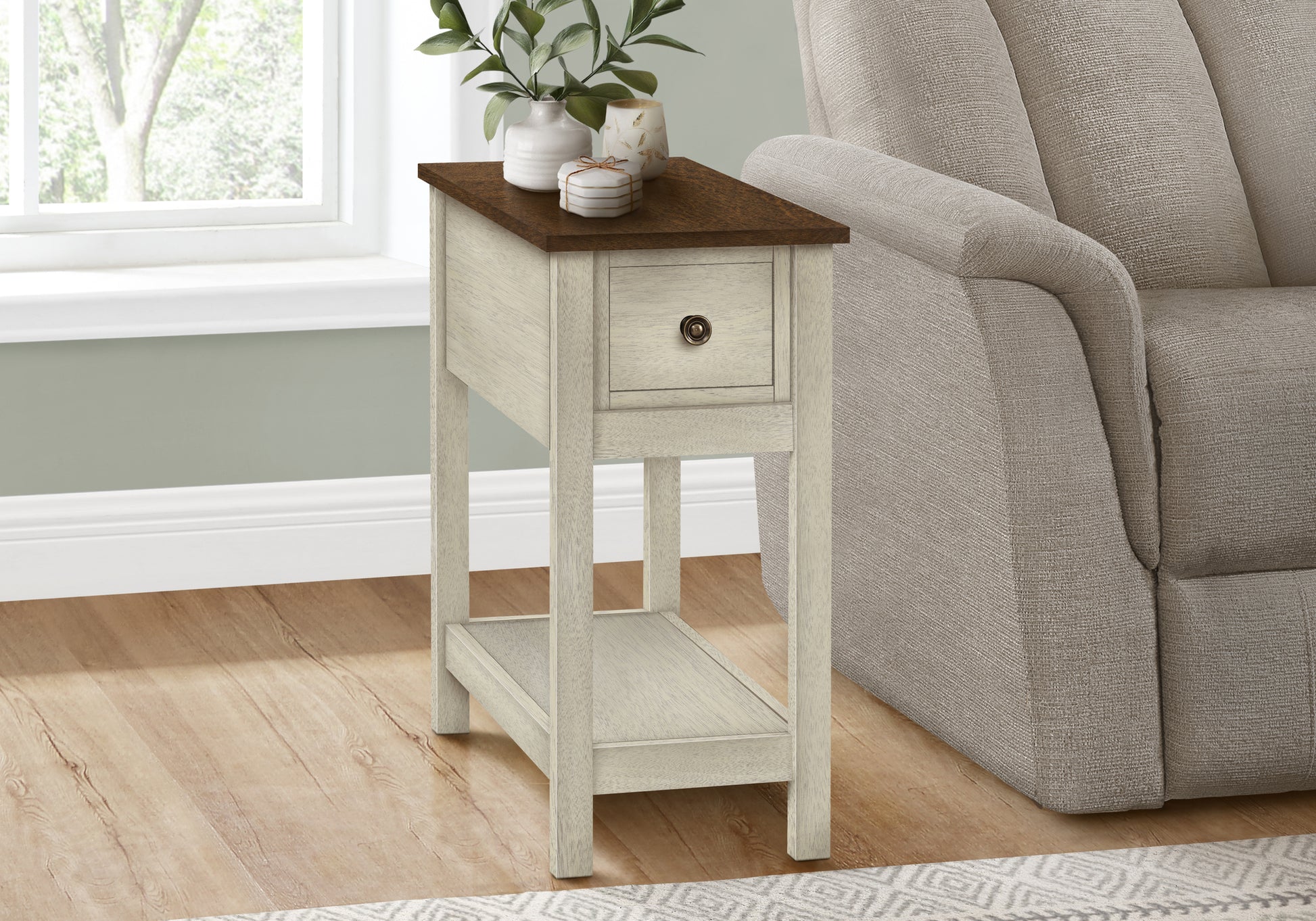 Accent Table, End, Side Table, 2 Tier, Narrow, Bedroom, Lamp, Storage Drawer, Antique White Veneer, Brown Veneer, Transitional White Mdf