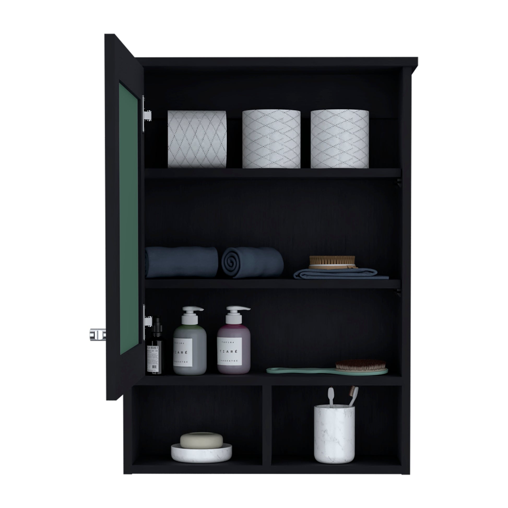 Vina Medicine Cabinet With Mirror Door 29" High Cabinet Organizer With Three Concealed Shelves And Two Open Shelves For Bathroom, Kitchen, Mudroom Black 1 5 Bathroom Wall Mounted Particle Board