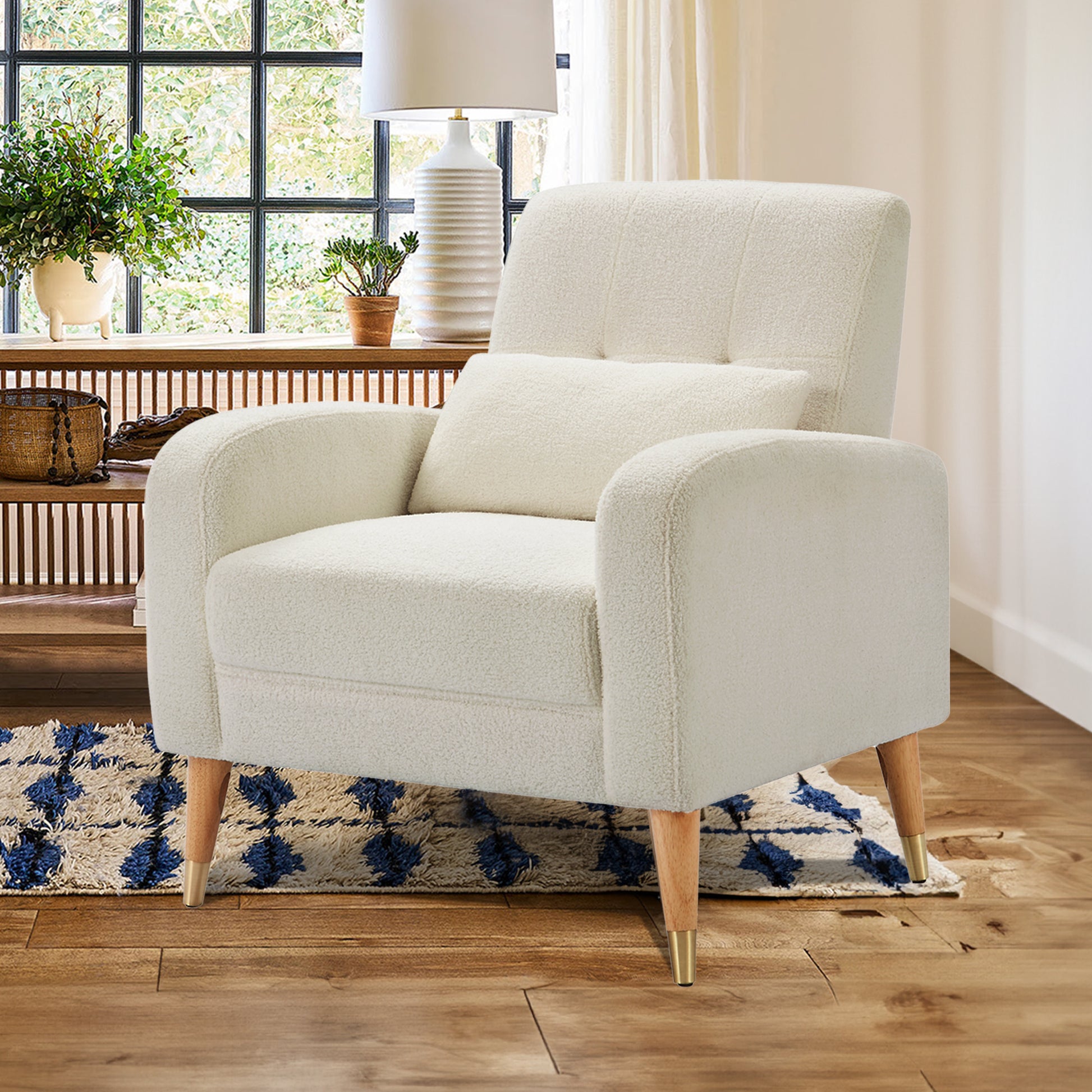 Mid Century Modern Accent Chair, Upholstered Armchair Living Room Chair, Comfy Single Sofa Chair With Metal Legs, Polyester Fabric Chair For Living Room Bedroom White Sherpa