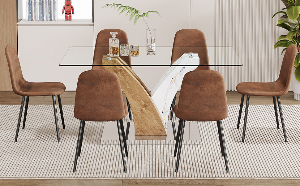 Table And Chair Set.Modern Dining Table, Tempered Glass Countertop With Artistic Mdf Legs.Paried With 6 Brown Chairs With Soft Linen Fabric Cushions And Black Metal Legs.Suitable For Various Styles. Black Brown,Transparent Seats 6 Mdf Metal