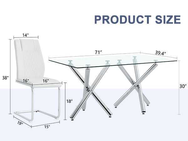 Table And Chair Set.Large Minimalist Rectangular Glass Dining Table For 6 8 With 0.39" Tempered Glass Tabletop And Silver Chrome Metal Legs.Paried With Comfortable Chairs With Pu Seats And Metal Legs. Silver Seats 6 Glass Metal