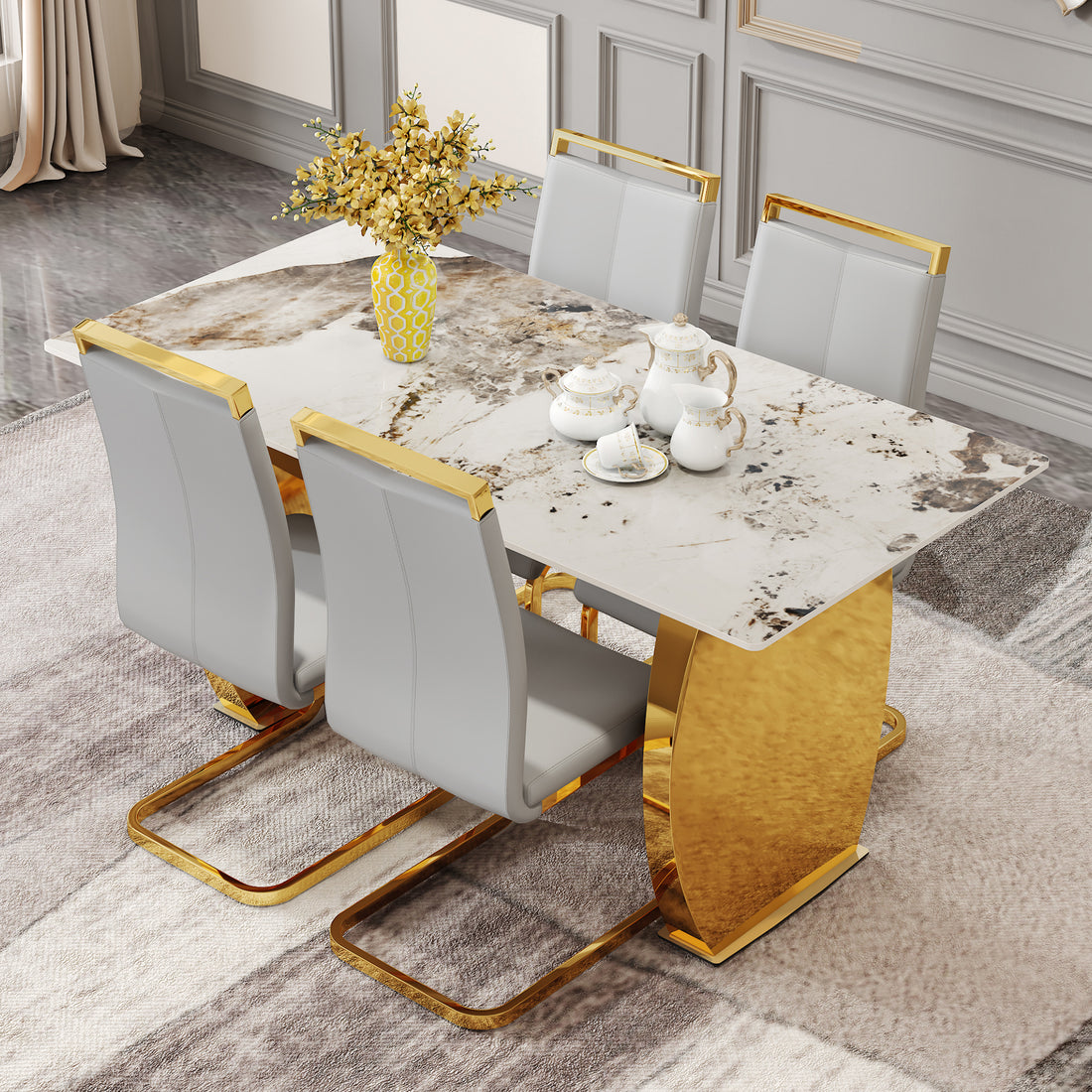 Table And Chair Set, Rock Plate Table Top, Gold Metal Table Legs, Stable And Beautiful, Suitable For Most Home Styles. Modern Simple Dining Table, Comfortable Seating. Grey Gold Seats 4 Sintered Stone