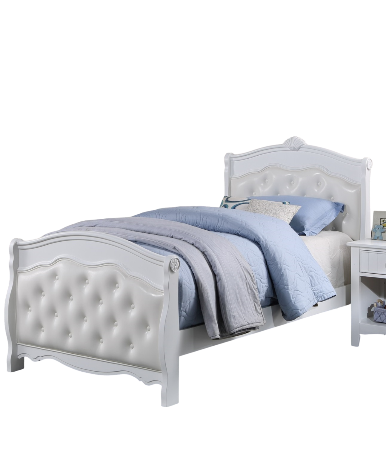 White Twin Size Bed Youth Bedroom Furniture White Faux Leather Headboard Footboard Plywood 1Pc Bedframe Box Spring Required Twin White Wood Bedroom Classic,Traditional Pine Bed Frame Faux Leather Plywood