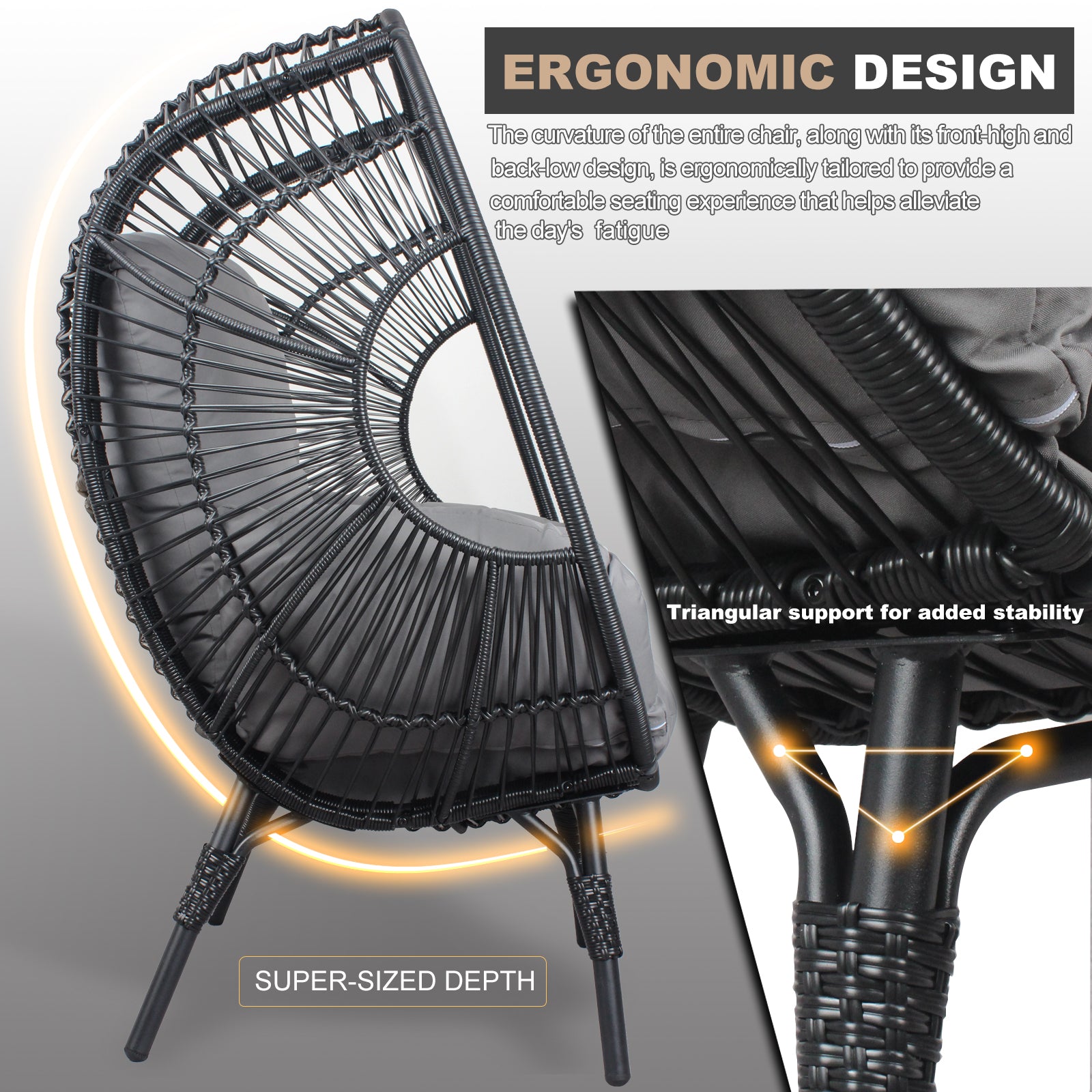 Patio Pe Wicker Egg Chair Model 2 With Black Color Rattan Grey Cushion And Side Table Yes Black Foam Steel