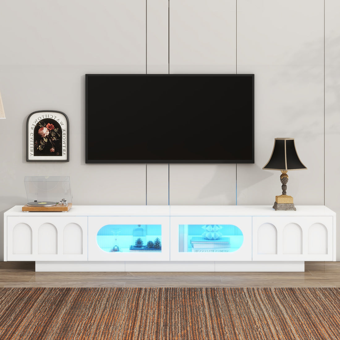 Tv Stand With Fluted Tempered Glass Doors For Tvs Up To 95'', Functional Media Console With Arched Cabinet Doors, Entertainment Center With App Controlled Led Light For Living Room, White White Primary Living Space 90 Inches Or Larger 90 Inches Or Larger