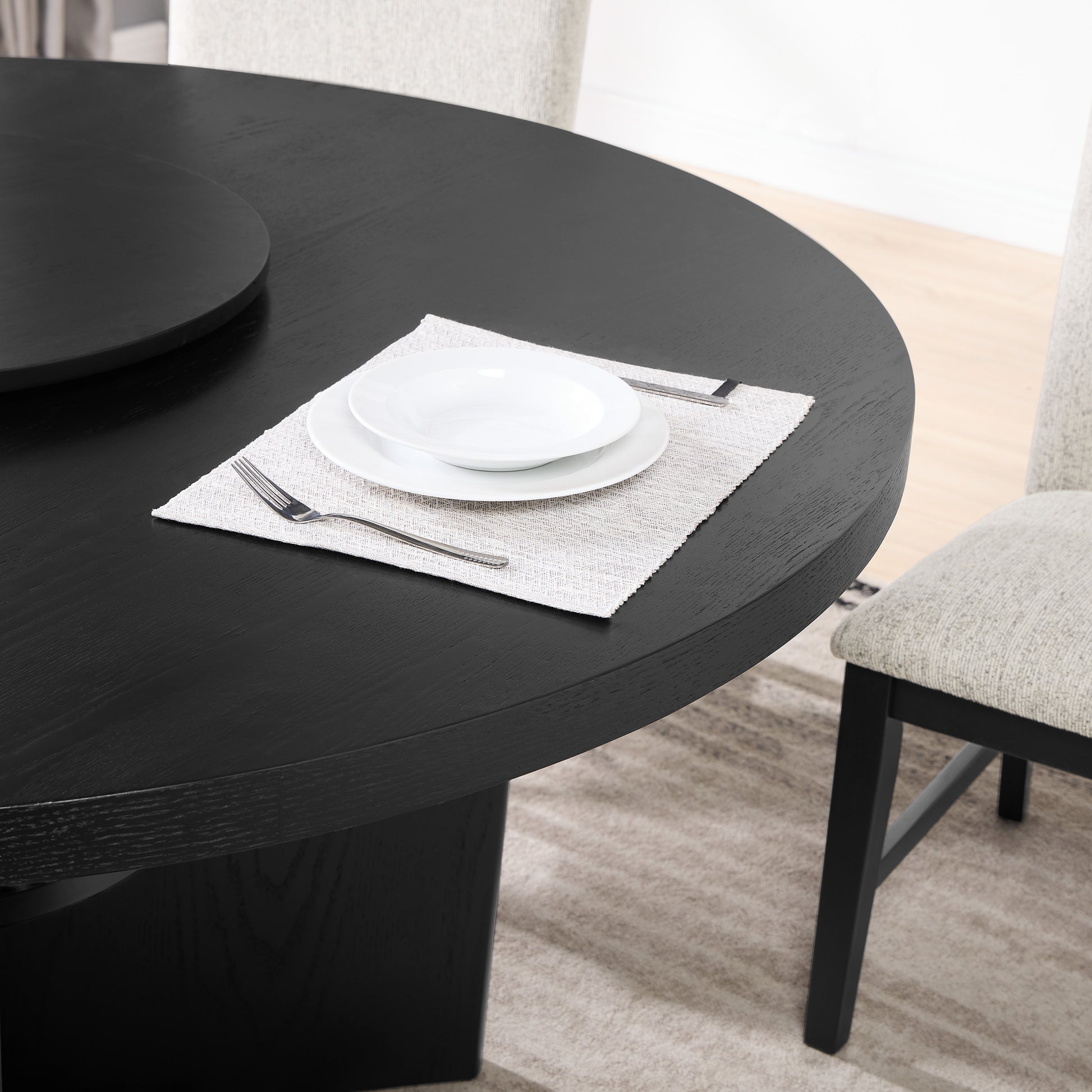 7Pc Modern Round Table Black Finish W Lazy Susan Wooden Contemporary