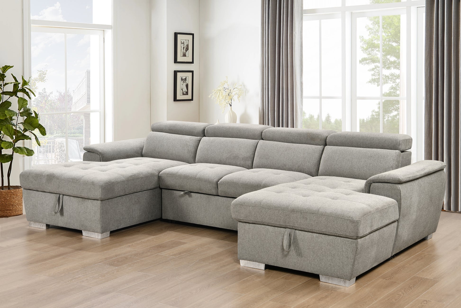 U Shaped Sleeper Sofa, 121 Inch Overisze 2 In 1 Pull Out Bed, Sectional Sleeper Sofa With Double Storage Chaise For Living Room Furniture, Light Gray Light Brown Wood Primary Living Space Medium Duty Eucalyptus 6 Seat Light Gray Polyester Soft Pillow