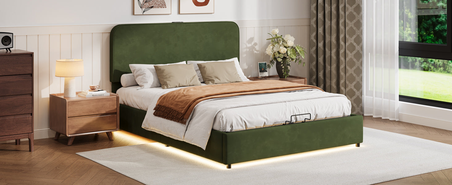 Upholstered Platform Full Size Hydraulic Storage Bed, Lift Up Storage Bed With Rgb Led Light, Bluetooth Speaker, No Box Spring Needed, Lychee Velvet, Green Full Green Velvet Fabric Metal