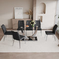 Table And Chair Set.Contemporary, Minimalist Rectangular Dining Table Featuring A Clear Tempered Glass Top And Sleek Silver Legs. Paried With Chairs Made Of Pu Material Cushion And Silver Metal Legs. Black Seats 6 Glass Metal