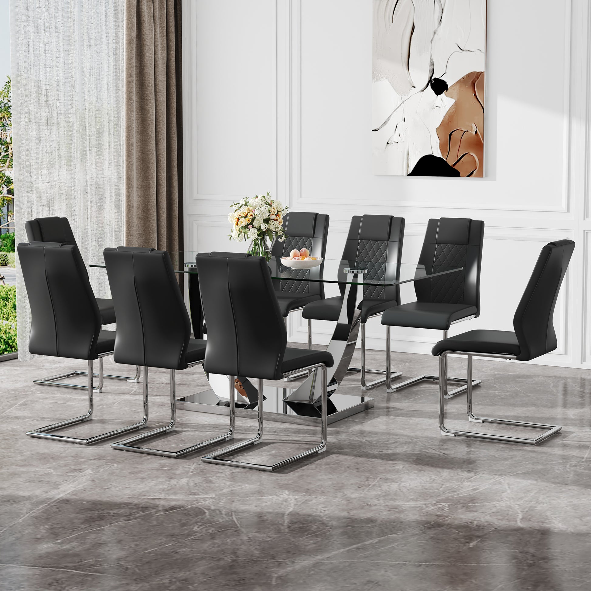 Table And Chair Set.Contemporary, Minimalist Rectangular Dining Table Featuring A Clear Tempered Glass Top And Sleek Silver Legs. Paried With Chairs Made Of Pu Material Cushion And Silver Metal Legs. Black Seats 8 Glass Metal