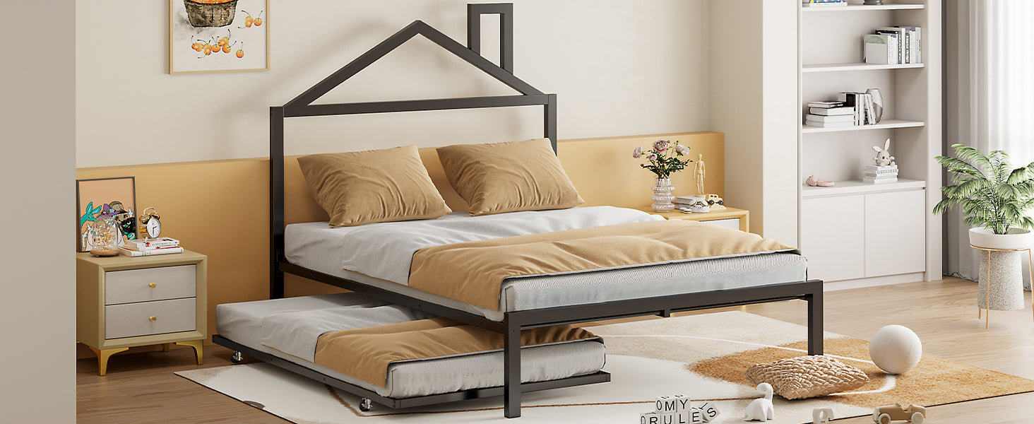 Full Size Metal Platform Bed With Twin Size Trundle,House Shaped Headboard Design, Black Full Black Metal
