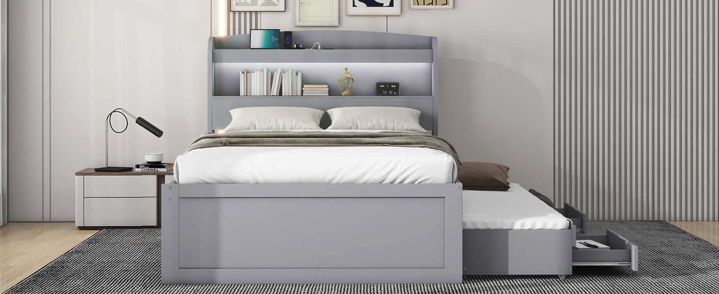 Twin Xl Size Platform Bed With Storage Led Headboard, Charging Station, Twin Size Trundle And 2 Drawers, Gray Box Spring Not Required Twin Xl Gray Wood Bedroom Bed Frame Solid Wood Mdf