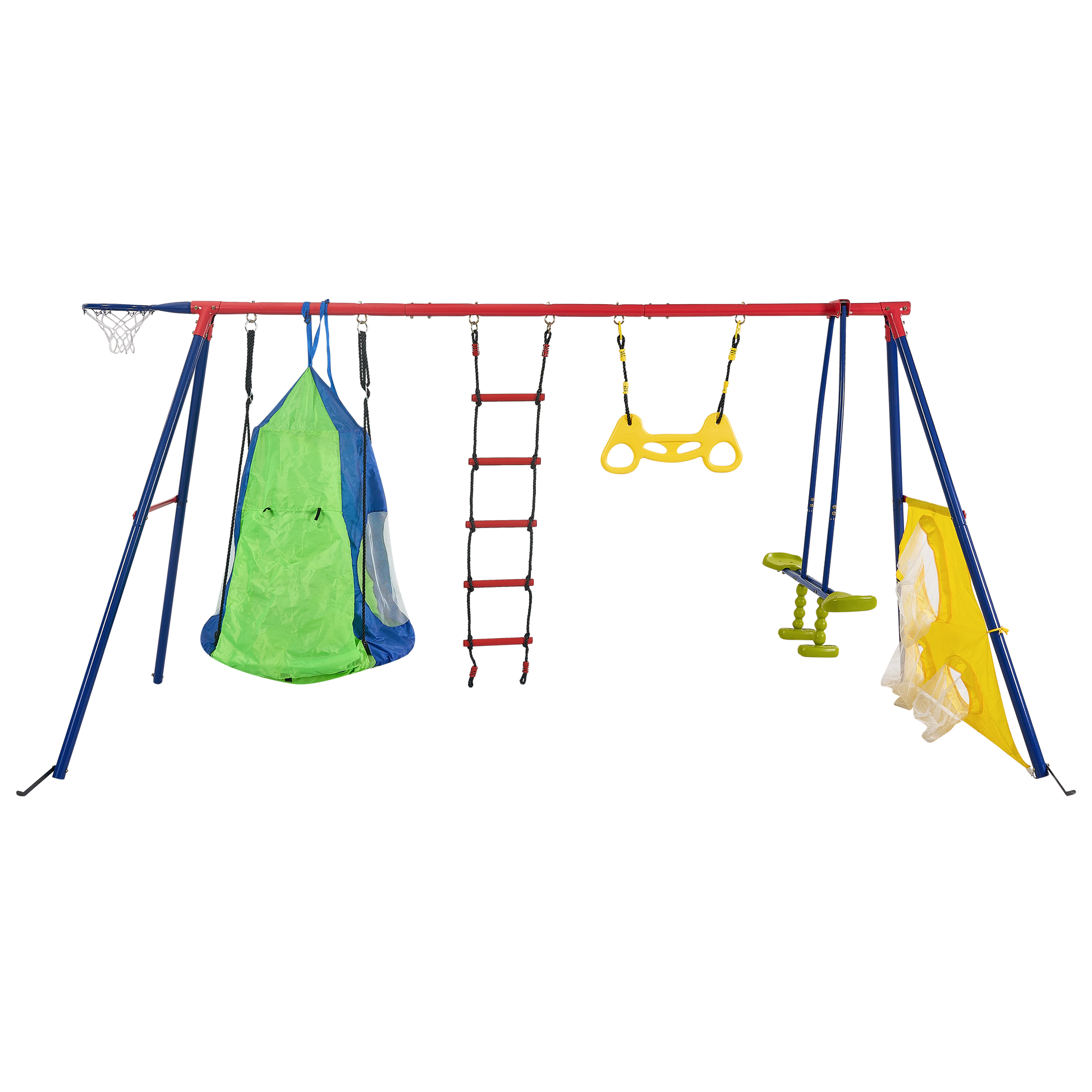 Xns092 Rinbow Colour Interesting Four Function Swingset With Net Swing And Face To Face Metal Plastic Safe Swing Seat 550Lbs For Outdoor Playground For Age 3 Blue Green Steel