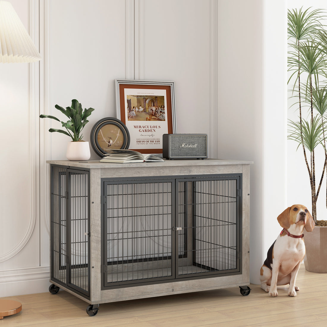 Furniture Style Dog Crate Side Table On Wheels With Double Doors And Lift Top.Grey,38.58''W X 25.5''D X 27.36''H. Grey Particle Board