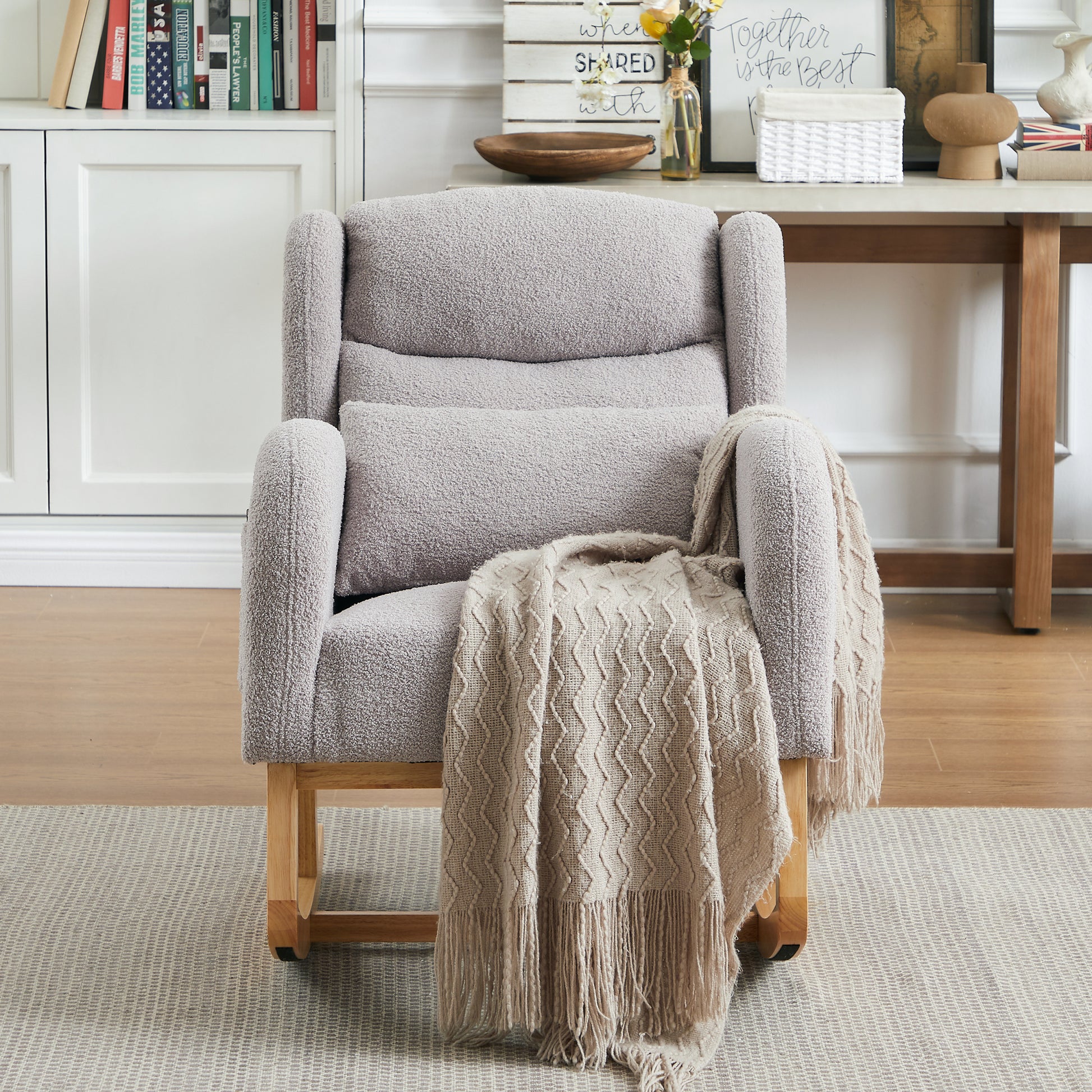 27.2"W Modern Accent High Backrest Living Room Lounge Arm Rocking Chair, Two Side Pocket Grey Foam Fabric