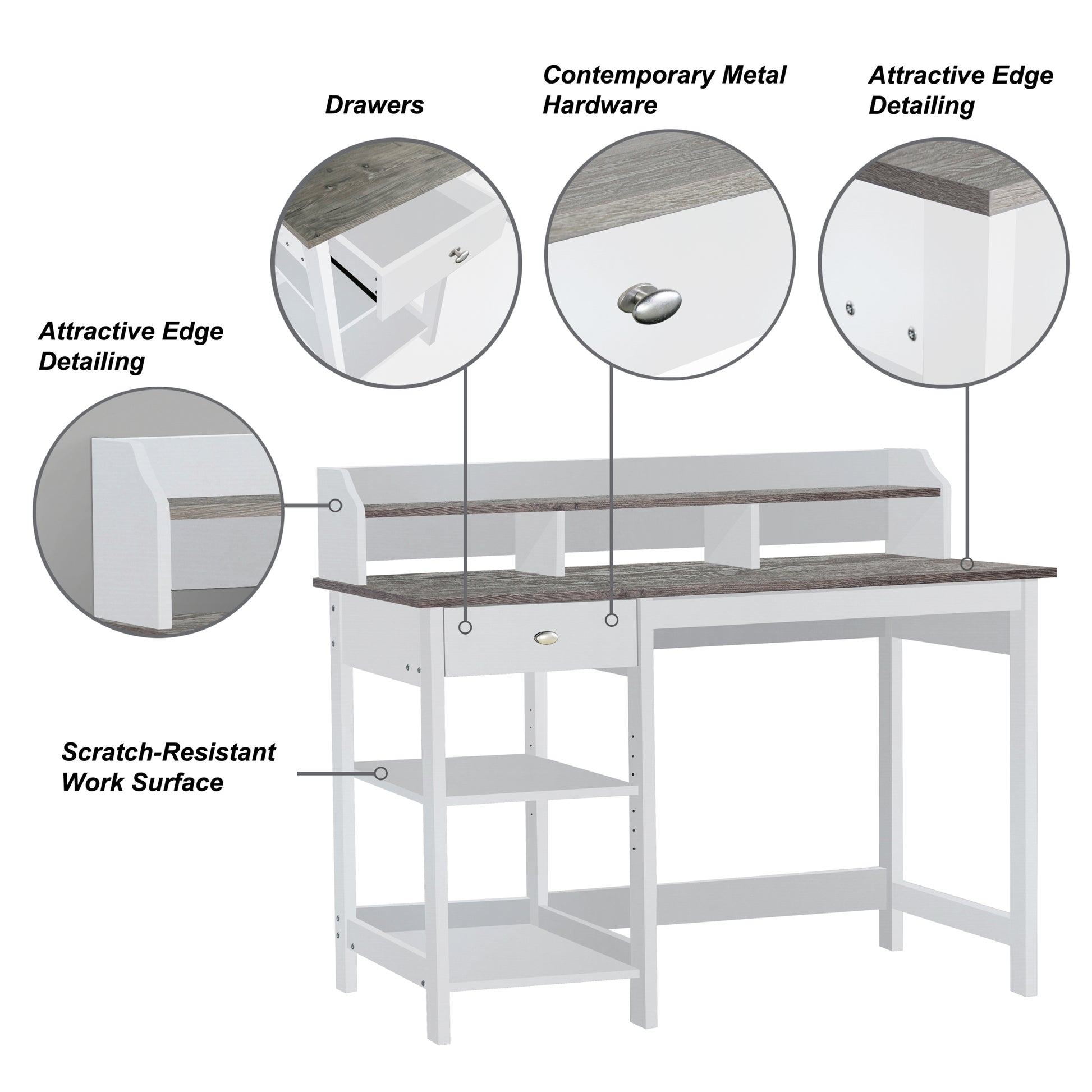 47" Writing Desk With Hutch "Contemporary Gray Oak And White Desk Versatile Workstation With Drawer, Adjustable Shelf, And Open Bookshelf For Home Or Office" White Solid Wood