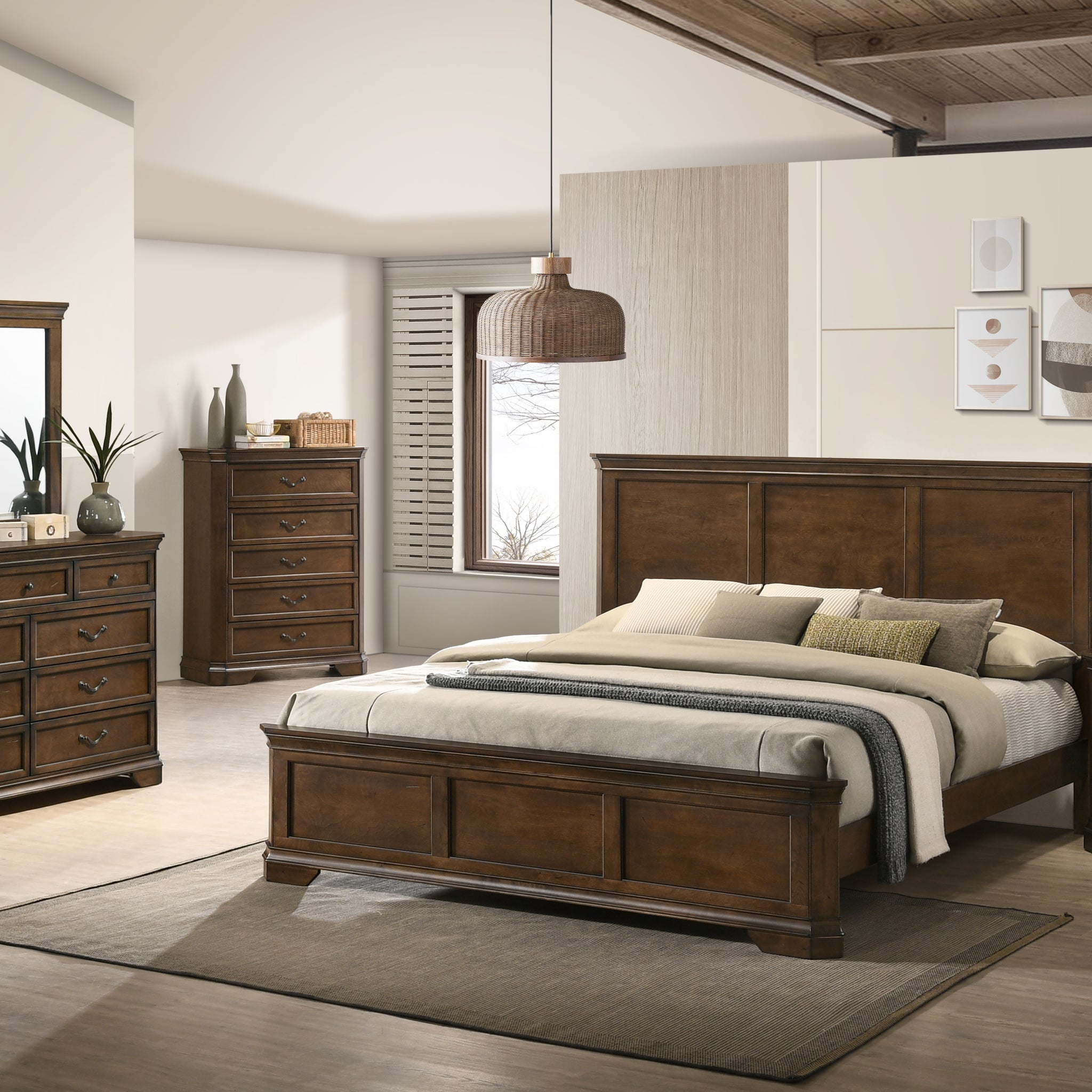 Maderne Traditional Wood Panel 5 Pieces Queen Bed Set With Dresser, Mirror, Nightstand And Chest Box Spring Required Queen Walnut Brown Wood Brown 5 Piece Set Bedroom Bed Included,Chest Included,Dresser Included,Mirror Included,Nightstand Included