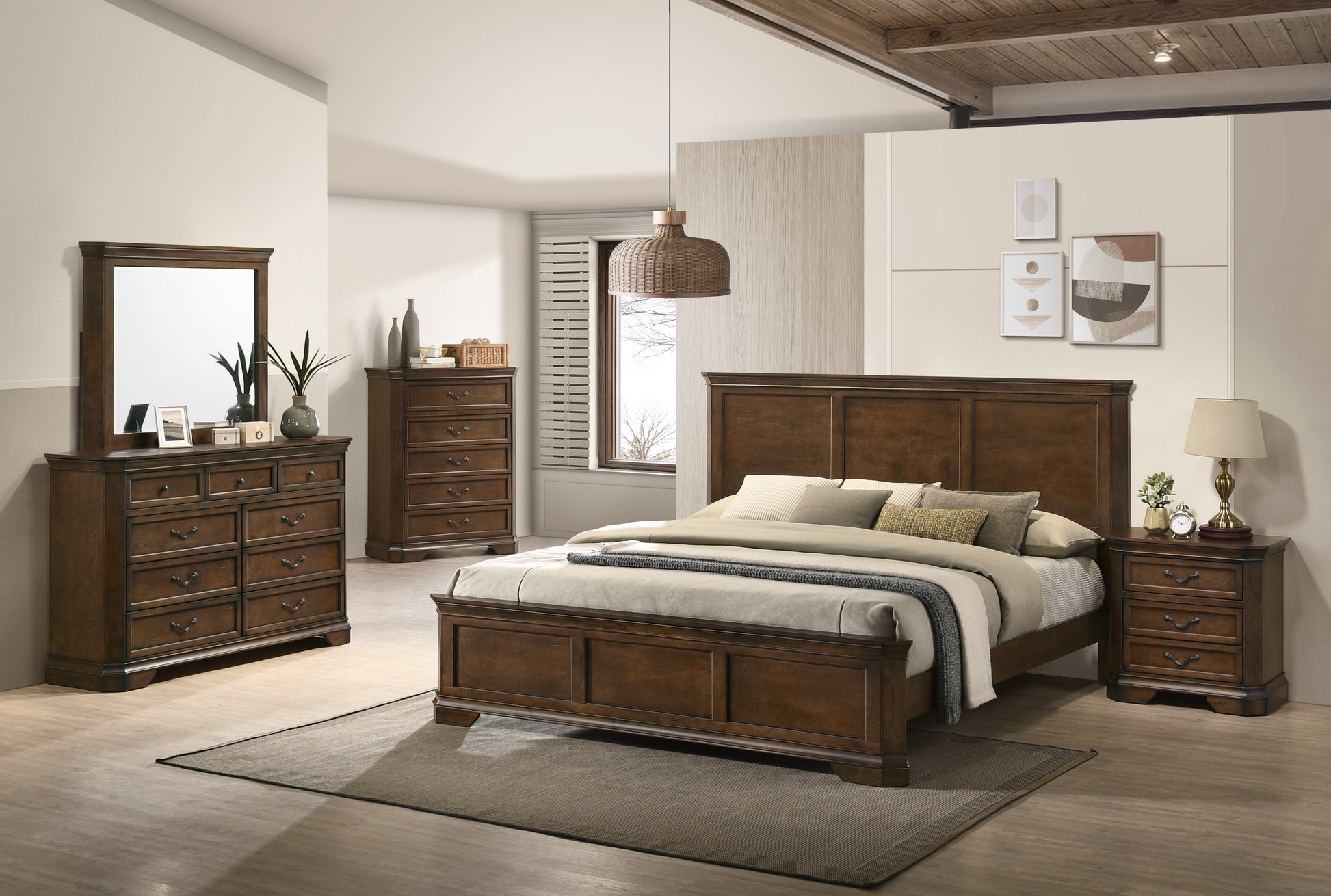 Maderne Traditional Wood Panel 5 Pieces Queen Bed Set With Dresser, Mi Maderne Traditional Wood Panel 5 Pieces Queen Bed Set With Dresser, Mi
