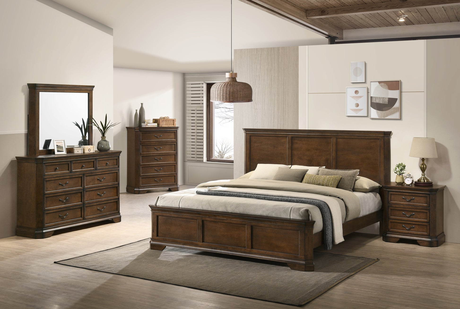 Maderne Traditional Wood Panel 5 Pieces Queen Bed Set With Dresser, Mirror, Nightstand And Chest Box Spring Required Queen Walnut Brown Wood Brown 5 Piece Set Bedroom Bed Included,Chest Included,Dresser Included,Mirror Included,Nightstand Included