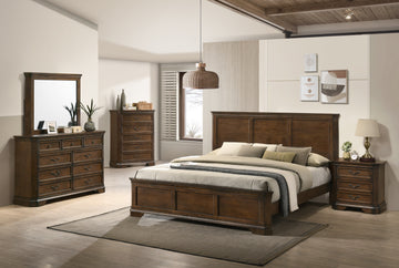 Maderne Traditional Wood Panel 5 Pieces Queen Bed Set With Dresser, Mirror, Nightstand And Chest Box Spring Required Queen Walnut Brown Wood Brown 5 Piece Set Bedroom Bed Included,Chest Included,Dresser Included,Mirror Included,Nightstand Included