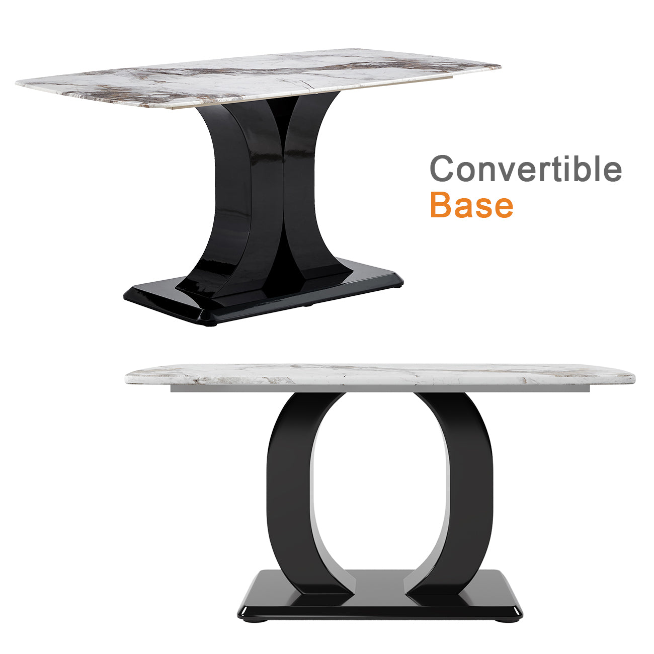 Faux Marble Dining Table Set With Convertible Base, Luxury Rectangular Kitchen Table For 6 8, Modern White Faux Marble Tabletop With Mdf Base, Dining Table, And Black 6 Chairs White Black Mdf Glass