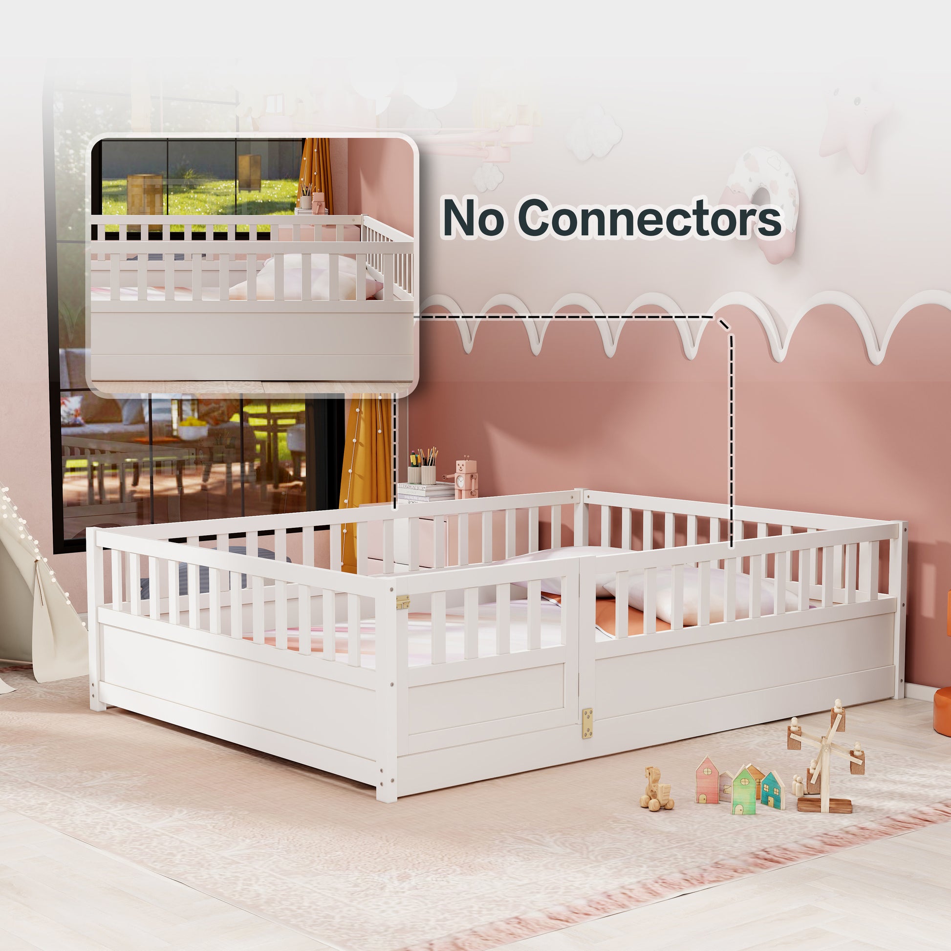 Full Size Floor Bed, Integral Construction With Super High Security Barrier, Door, Children'S Floor Bed Frame, Montessori Wooden Children'S Floor Bed, White Box Spring Required Full White Wood Brown