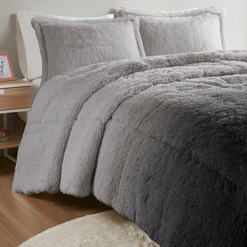 Ombre Shaggy Long Fur Comforter Mini Set Queen Grey Polyester