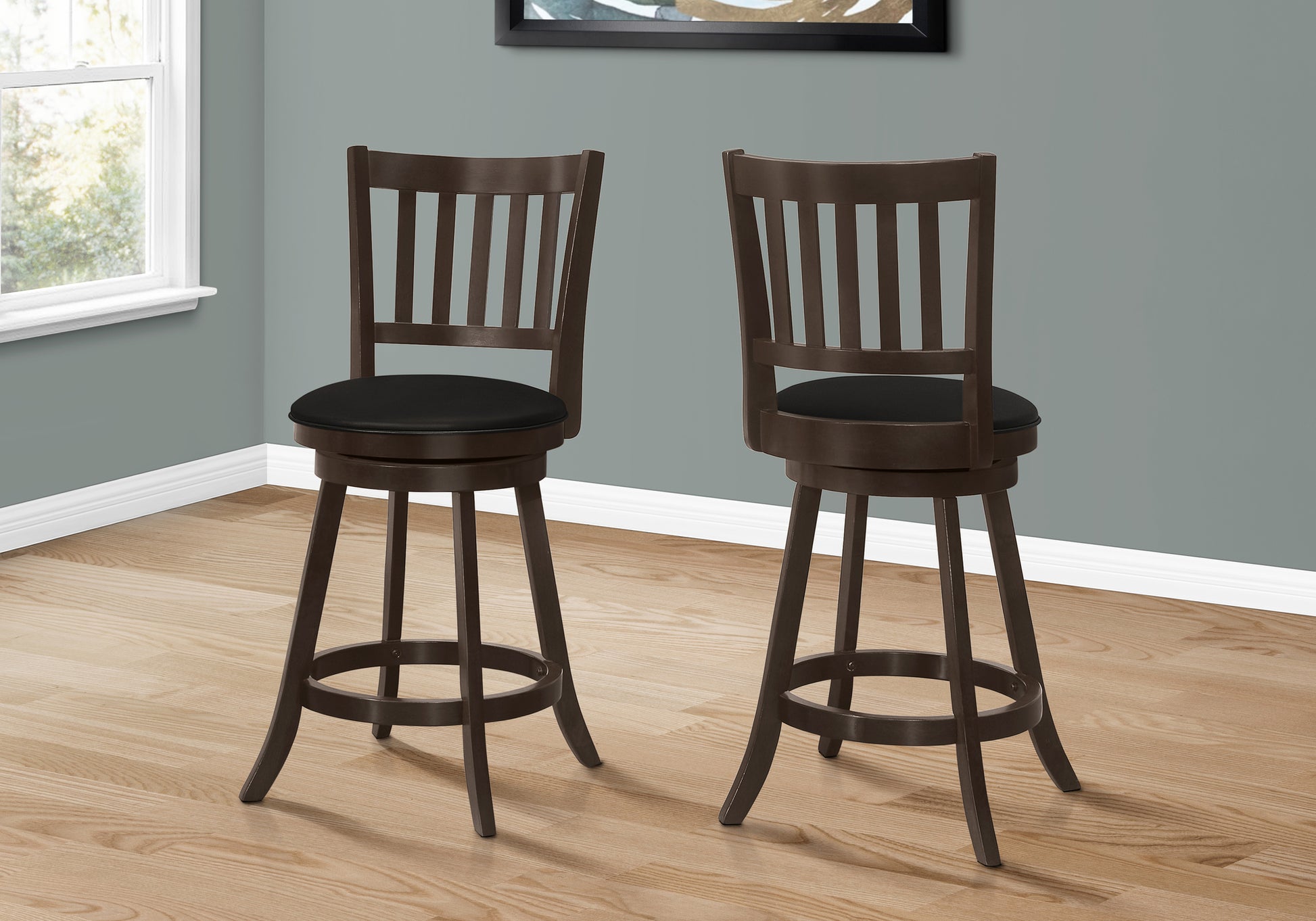 Bar Stool, Set Of 2, Swivel, Counter Height, Kitchen, Brown Wood, Black Leather Look, Transitional Espresso Foam Solid Wood