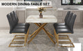 Table And Chair Set.Modern Luxurious Tempered Glass Dining Table Set With 6 Gold Metal Legs And Pu Chairs.White Marble Patterned Sticker Tabletop,Dark Gray Chairs With Gold Metal Legs. Gold,Gray