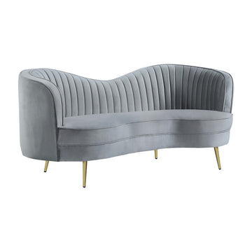 Enzo 74 Inch Modern Loveseat, Channel Tufted Kidney Shape, Gray And Gold Gray Wood 3 Seat