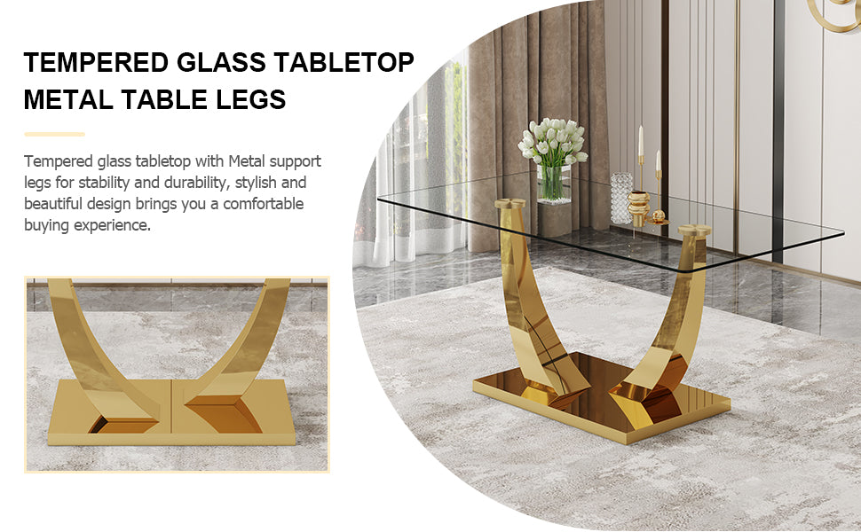 Modern Simple Rectangular Dining Table With Clear Glass Top And Smooth Gold Legs. Suitable For Kitchen, Dining Room And Living Room. Golden Glass