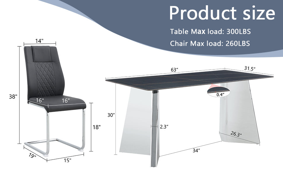 Table And Chair Set.63"X31.5X30" Black Marble Patterned Slabs Tabletop With Stainless Steel Butterfly Legs.Paried With 4 Black High Quality Pu Chairs With Silver Metal Legs. Black,Silver Seats 4