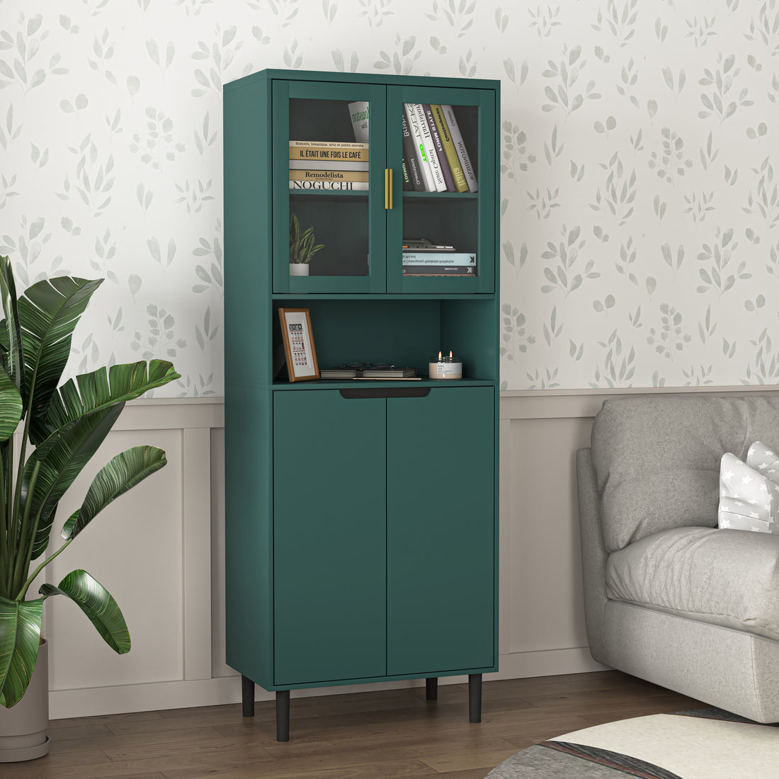 Tall Storage Show Cabinet With 2 Glass Display Door & 2 Doors, Tall Kitchen Pantry Cabinet With Gold Handles, Modern Cabinet Freestanding For Bathroom, Dining Living Room, Green Green Mdf