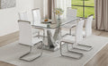 Table And Chair Set. Large Modern Rectangular Table With Glass Top And Silver Metal Legs. Furnished With Soft And Comfortable Pu Chairs With Faux Leather Upholstered Seats And Silver Metal Legs. White Silver Seats 6 Glass Metal