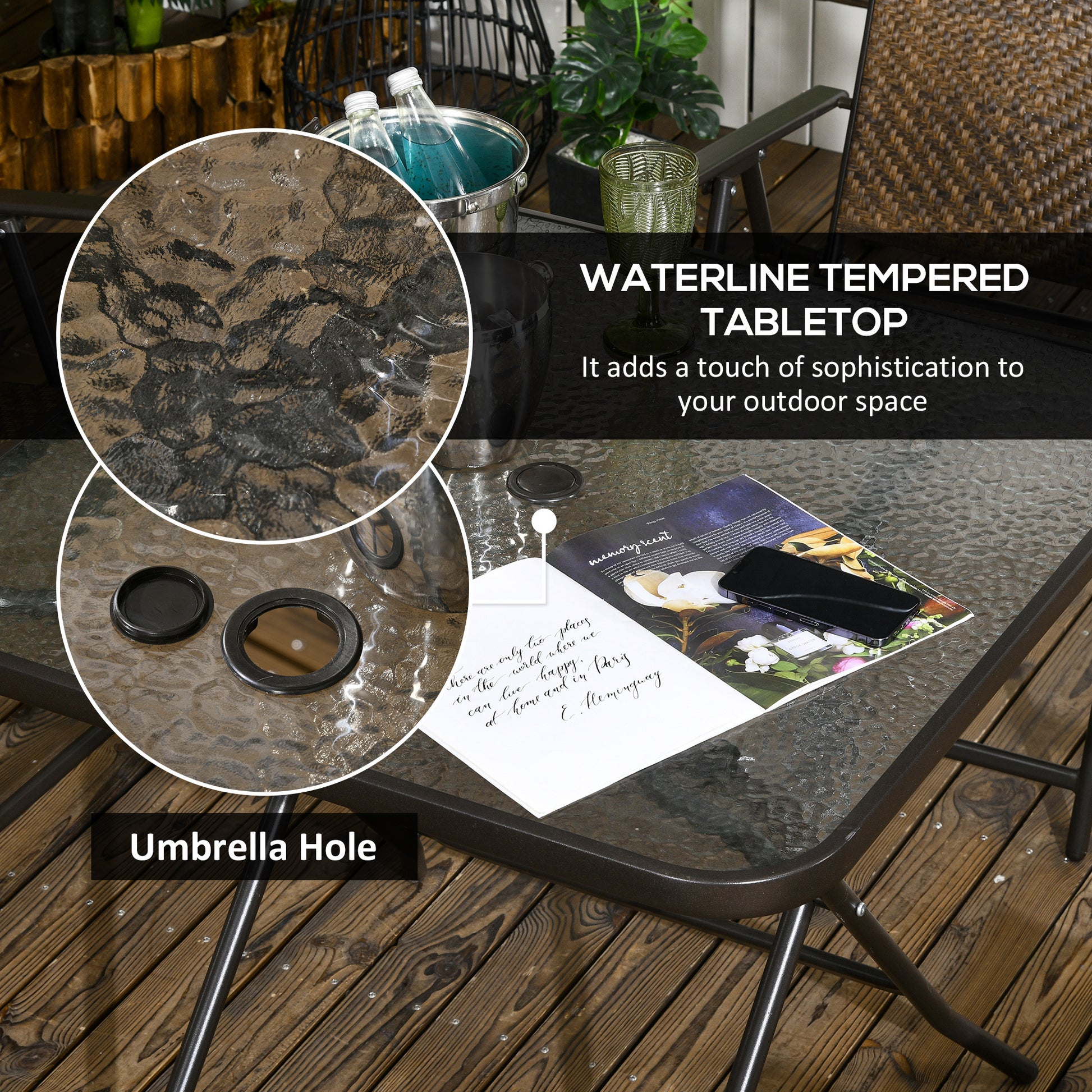5 glass patio table with umbrella hole Outsunny 5 Pieces Wicker Patio Dining Set, Foldable Outdoor Table And Chairs, Wicker Furniture Dining Set With Umbrella Hole, Tempered Glass Table,