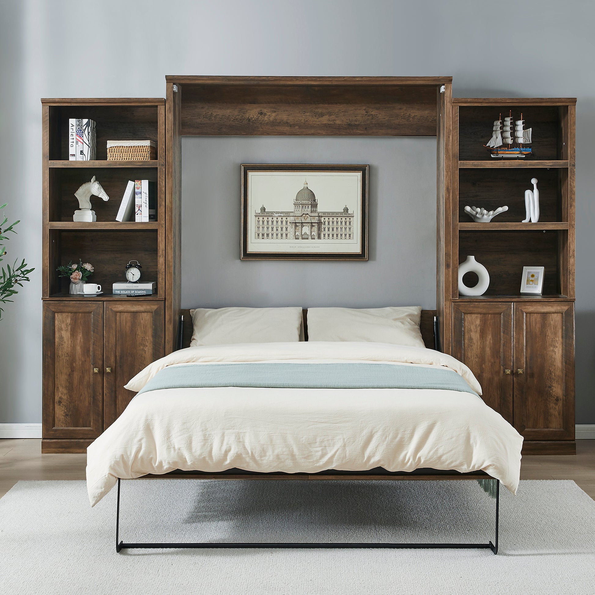 Queen Size Half Self Close And Open Murphy Bed With 2 Side Cabinet Storage Shelf, Cabinet Space Saving Bed Perfect For Guest Room, Bed Room, Guest Room, Home Office, Brown Box Spring Not Required Queen Brown Wood Brown Pine Murphy Solid Wood Mdf