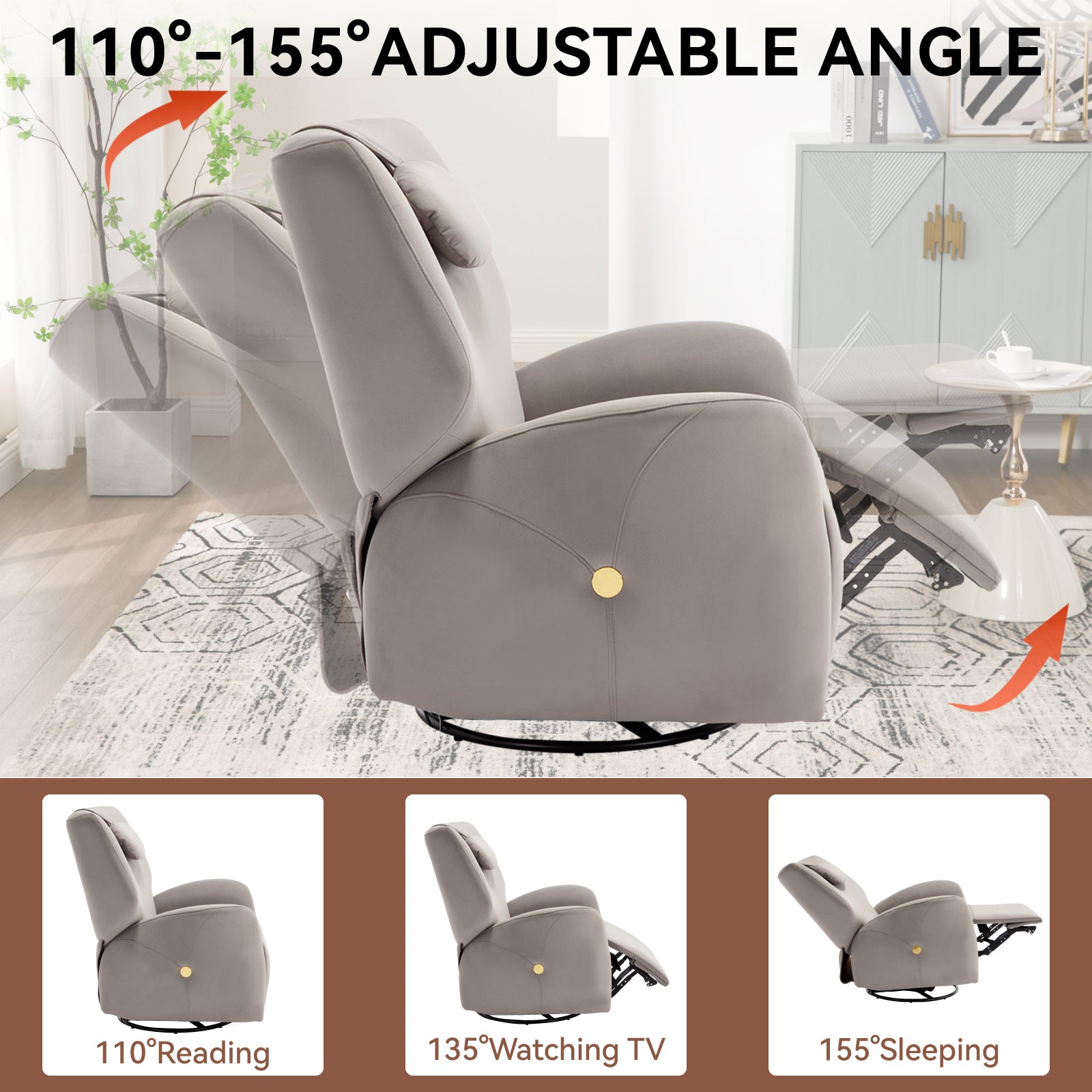 Grey Swivel And Rocker Power Recliner Chair With Lumbar And Neck Support Pillow, Max Swivel Degree 270 , Heavy Duty Motion Mechanism With Usb And Type C Ports Grey Polyester Power Push Button Metal Primary Living Space Medium Firm Tight Back Heavy Duty