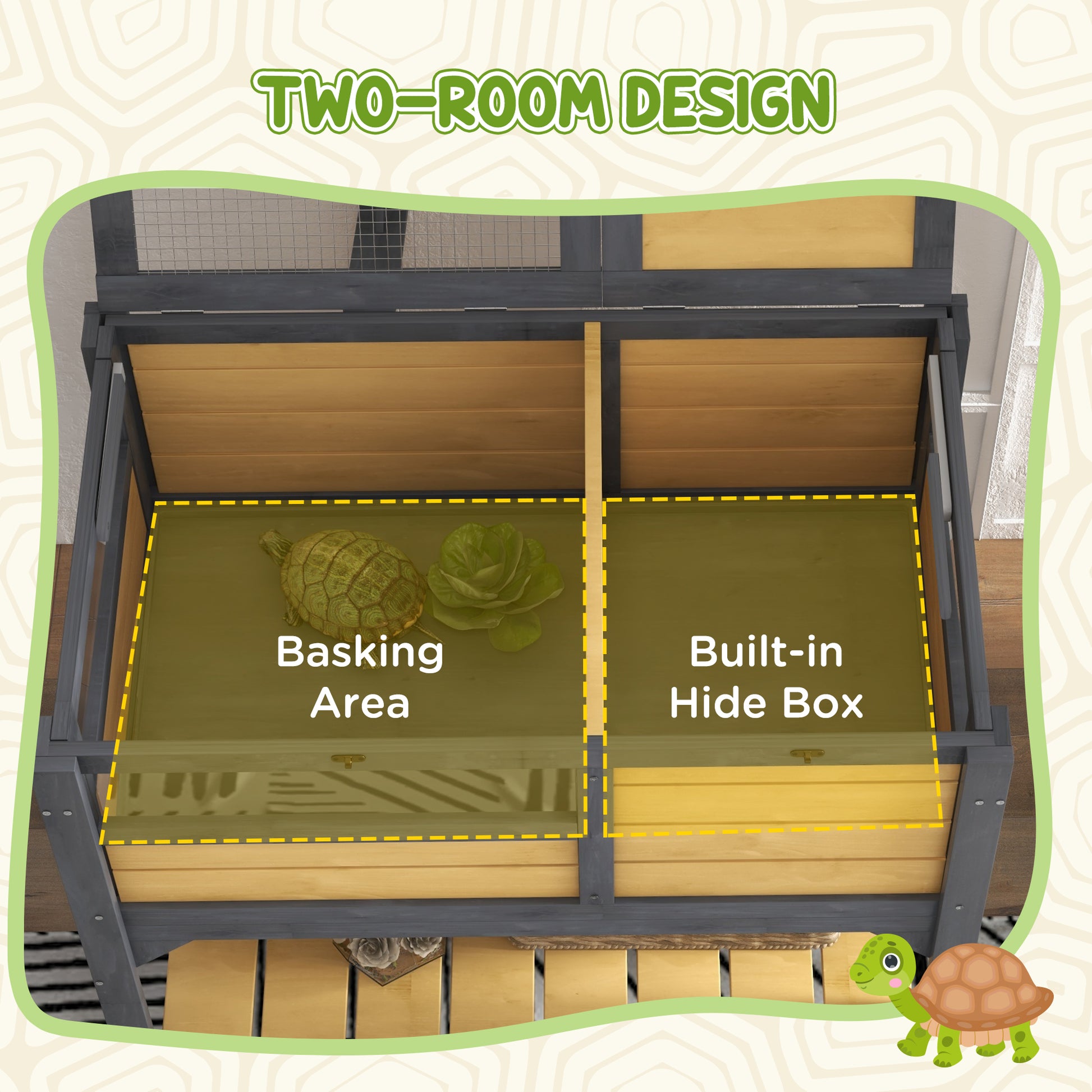 Pawhut Tortoise Habitat With Shelf Storage, Tortoise Enclosure With Weather Protection, Tortoise Gift Accessory, Reptile Enclosure With Tray, Light Support Frame, Yellow Grey Brown Wood