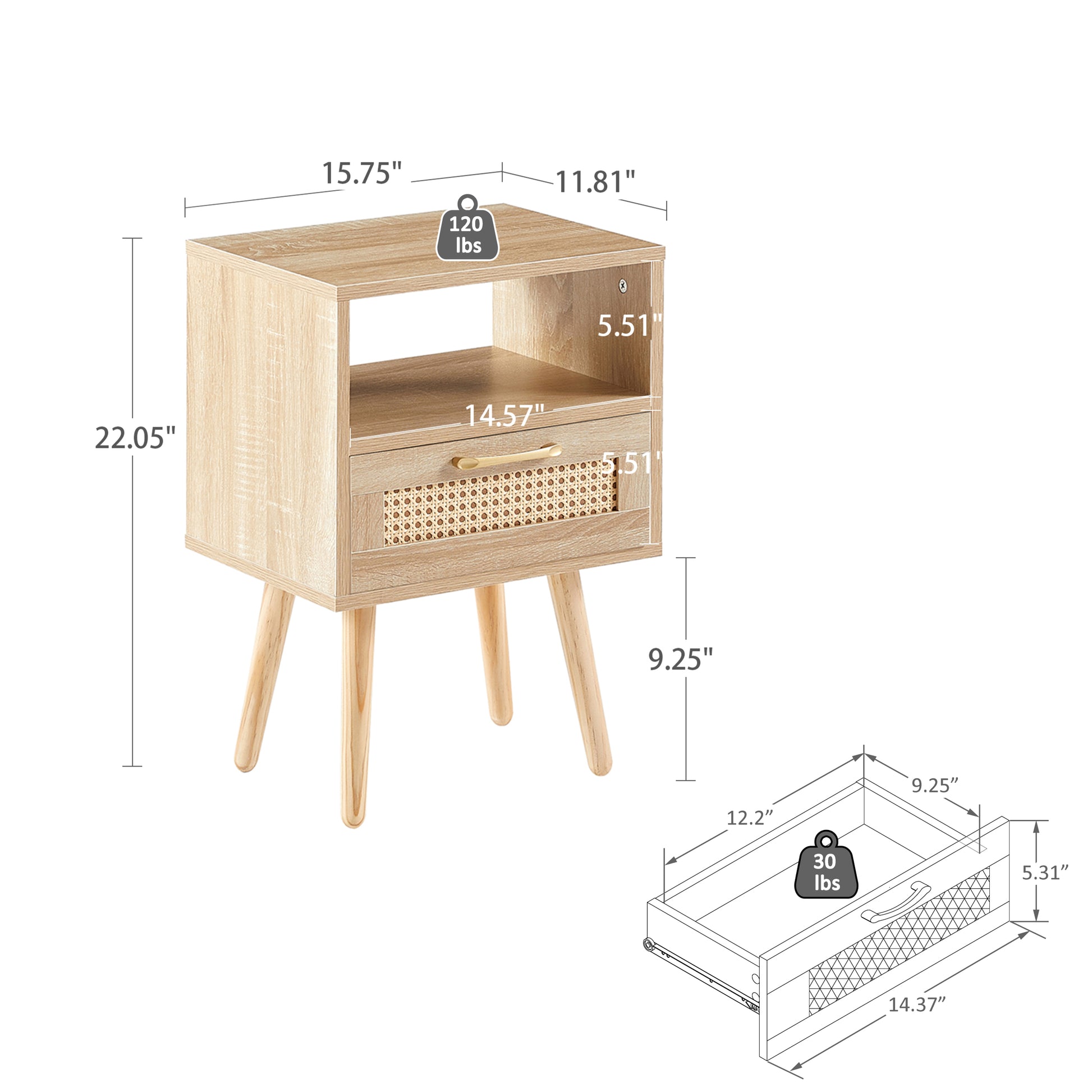 15.75" Rattan End Table With Drawer And Solid Wood Legs, Modern Nightstand, Side Table For Living Room, Bedroom,Natural Natural Mdf