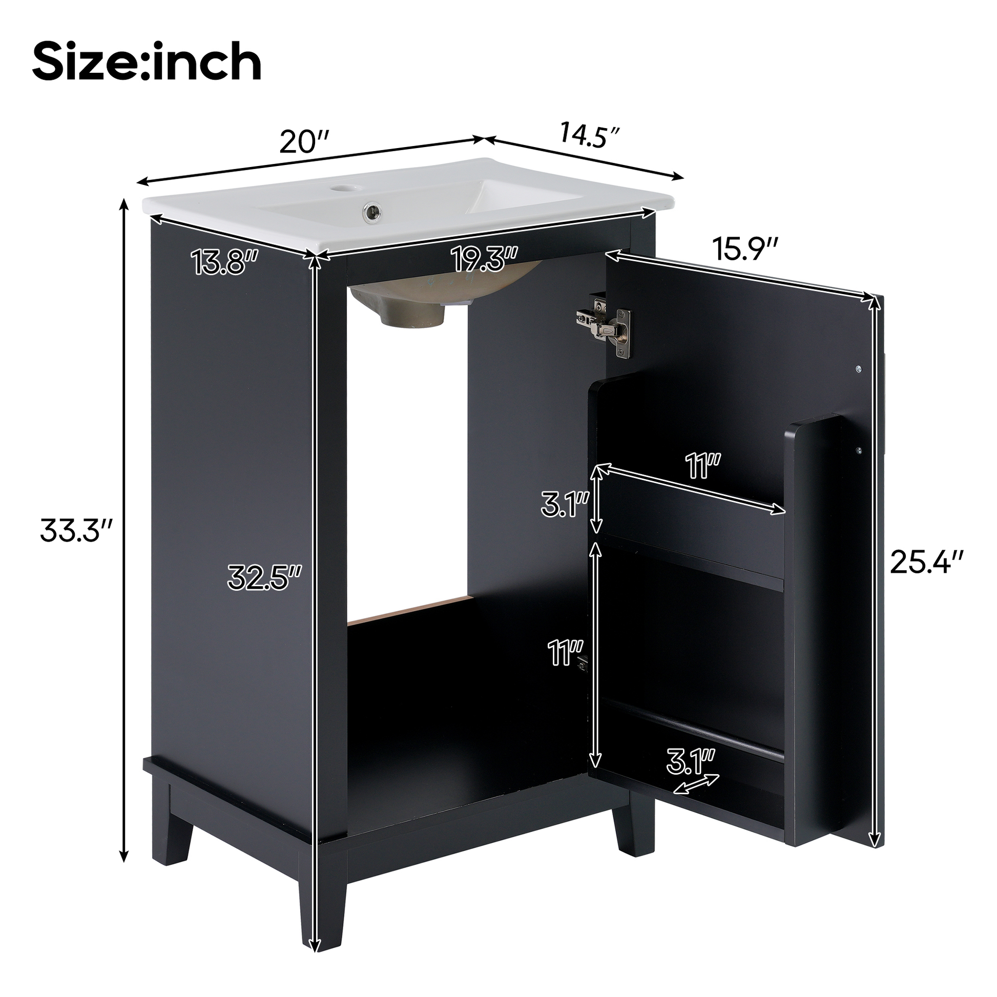 Viedo 20 Inch Modern Small Bathroom Vanity Cabinet With Ceramic Basin 20*15.5*33.3 Inches,Ample Storage,1 Soft Close Door Black Bathroom Solid Wood Mdf