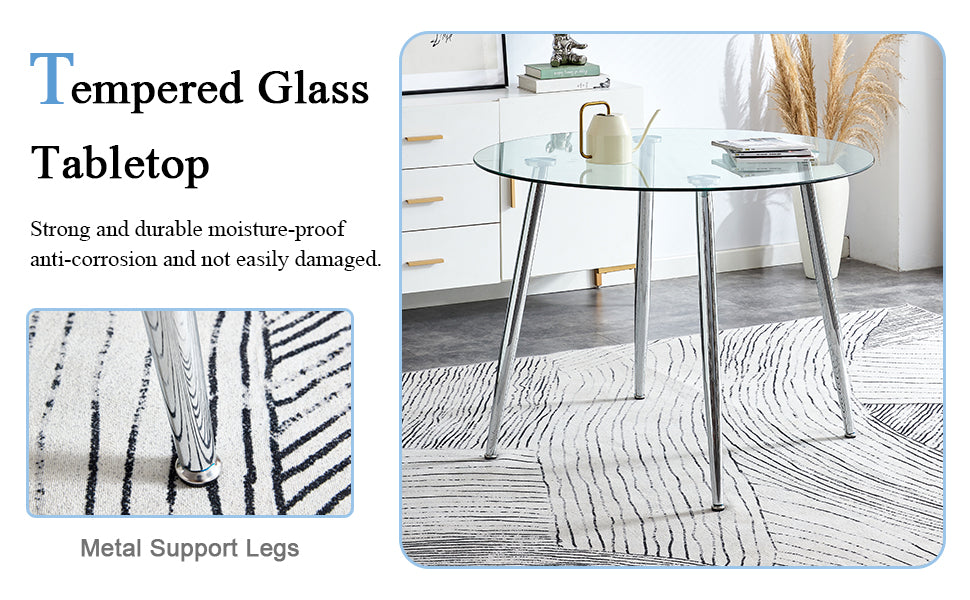 Table And Chair Set.A Modern Minimalist Round Dining Table With Transparent Tempered Glass Top And Silver Metal Legs,Paired With 6 Multiple Transparent High Quality Pet Dining Chairs With Silver Legs. Silver,Transparent Seats 6 Glass Metal