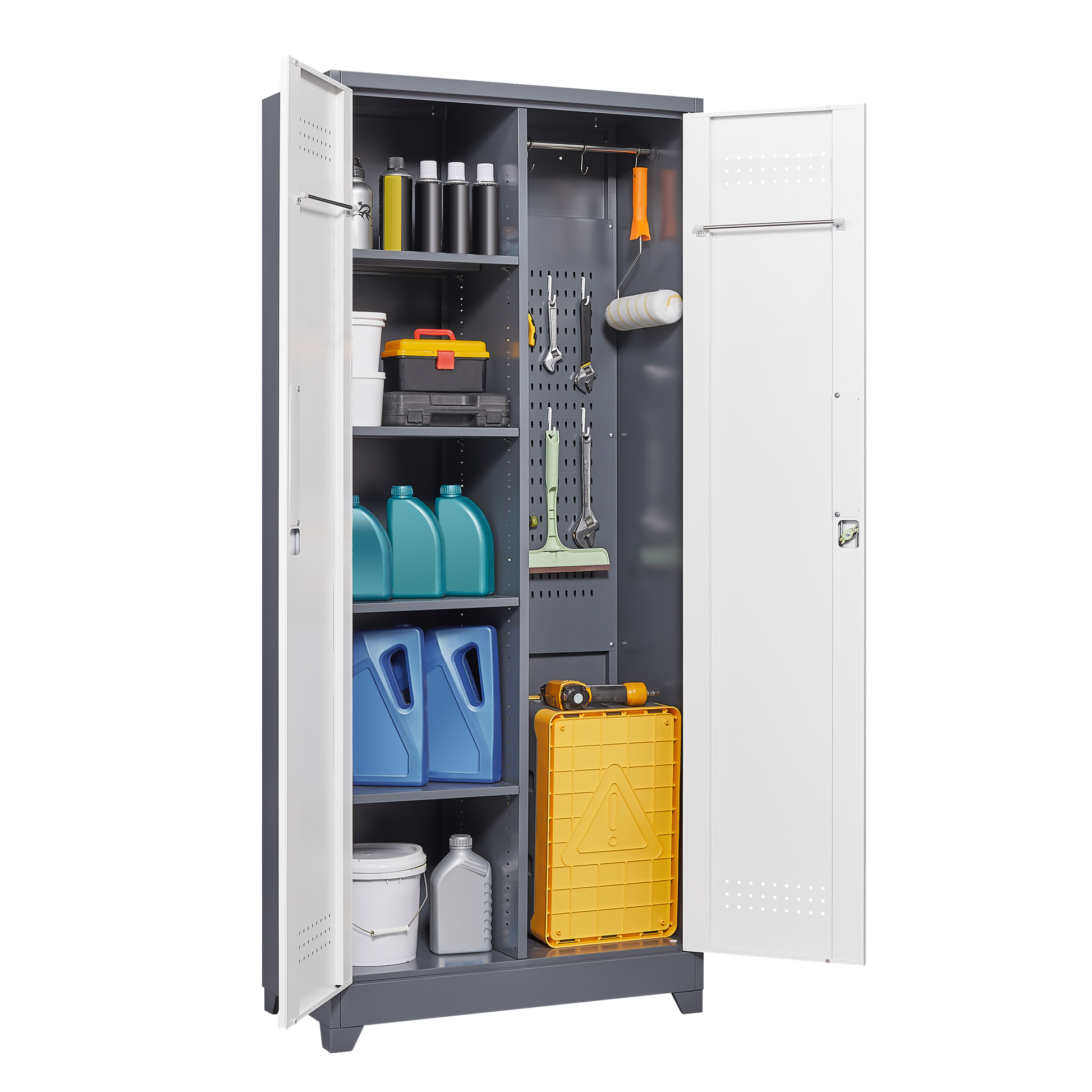 Metal Storage Cabinets, Cleaning Tool Cabinet With Locking Door, Tall Broom Tool Organizer And Storage, Large Storage Cabinet For Kitchen, Pantry, Office, Shop 3 4 Shelves Grey White Door Locks Modern Metal