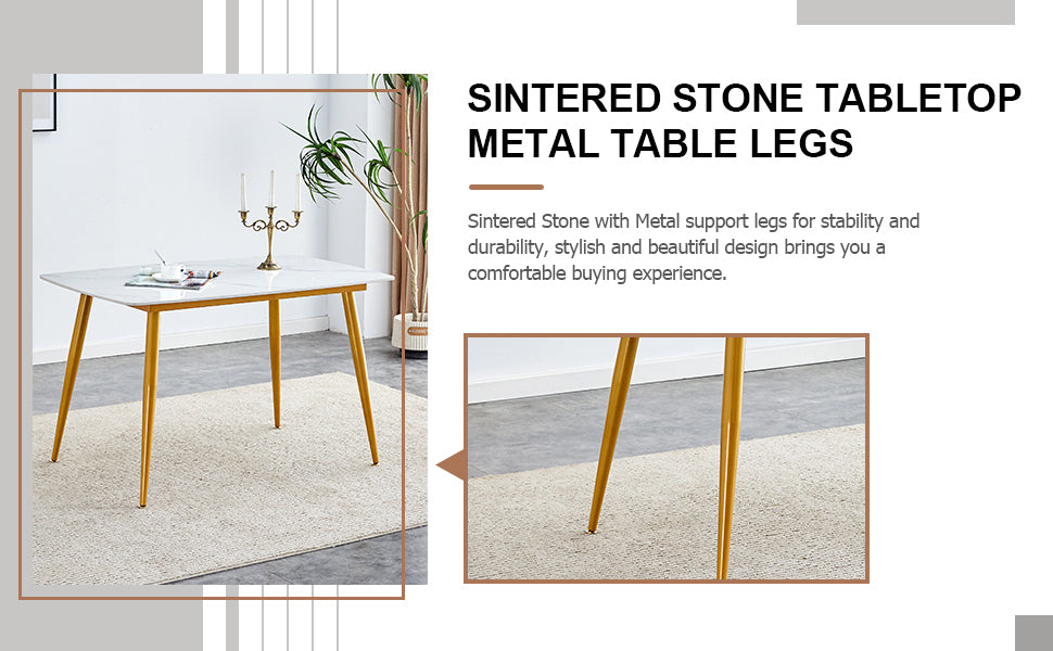 Table And Chair Set.A Morden Table With White Imitation Marble Patterned Stone Burning Tabletop With Golden Metal Legs.Paried With 4 Chairs With Pu Leather Backrest And Black Metal Legs. Grey Brown,White Gold Seats 4 Metal,Sintered Stone