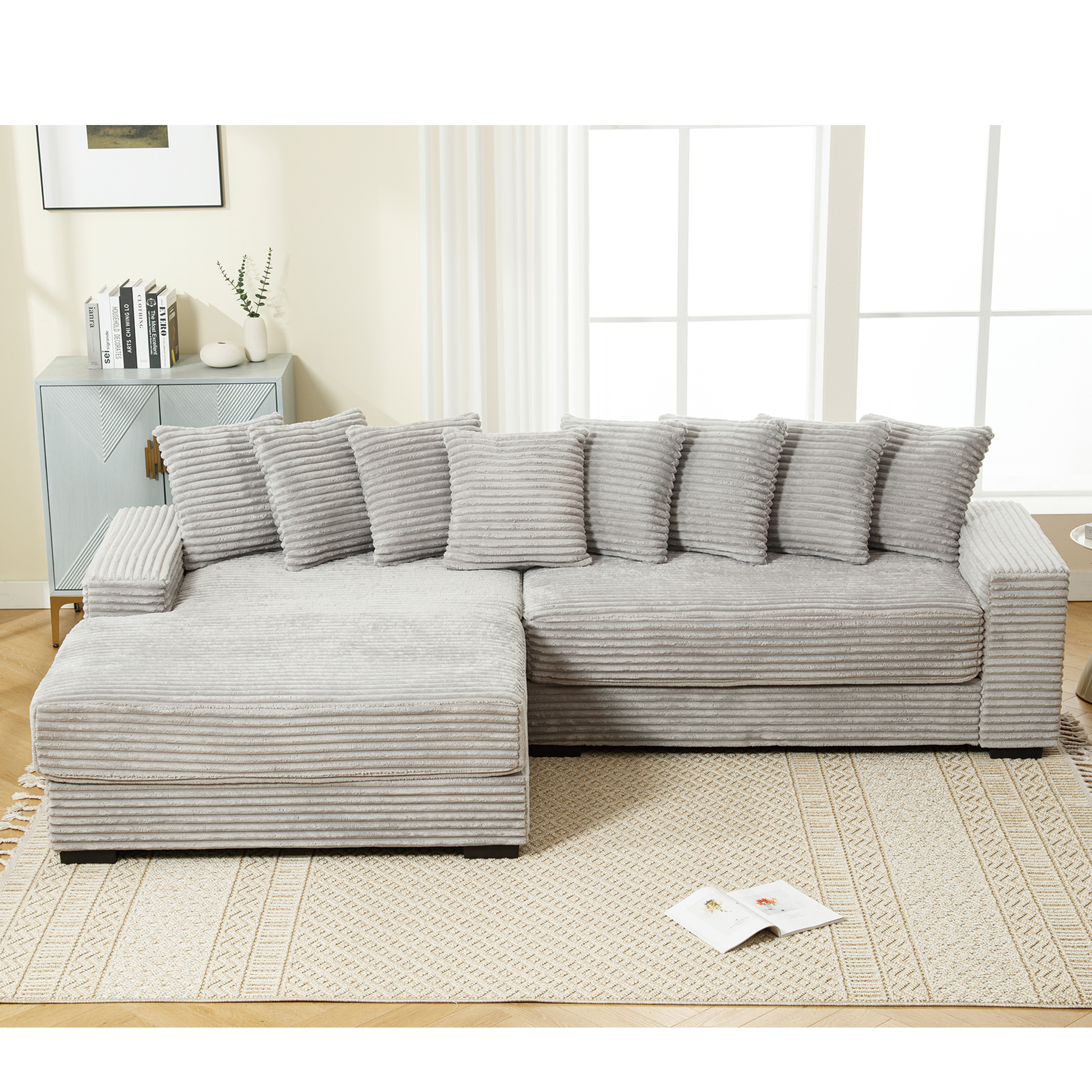 Arrived Oversized Two Piece Couches, L Shaped Sofa, Corduroy, Left Chaise Daybed,With Armrests,Eight Throw Pillows,Corner Sofa,Easy To Assemble, Gray Gray Polyester Wood Primary Living Space Medium Soft Pillow Back Modern Square Arms Wood 3 Seat