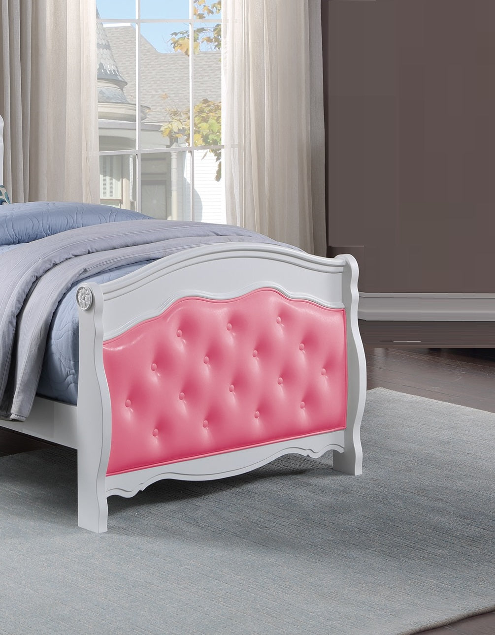 White Twin Size Bed Youth Bedroom Furniture Pink Faux Leather Headboard Footboard Plywood 1Pc Bedframe Box Spring Required Twin Pink White Wood Bedroom Classic,Traditional Pine Bed Frame Faux Leather Plywood