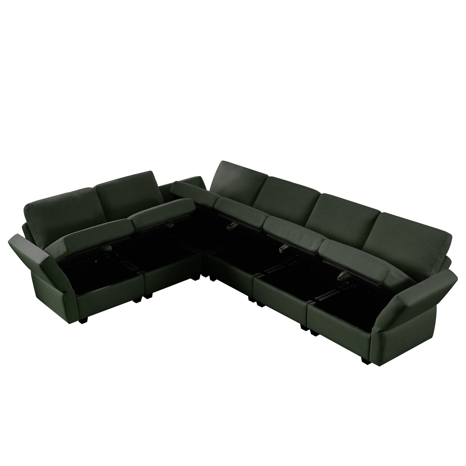 L Shaped Modular Sectional Corner Sofa Couch, 6 Seat Modular Sectional Sofa With Chaise For Living Room, Adjustable Arms And Backs Green Green Polyester 6 Seat