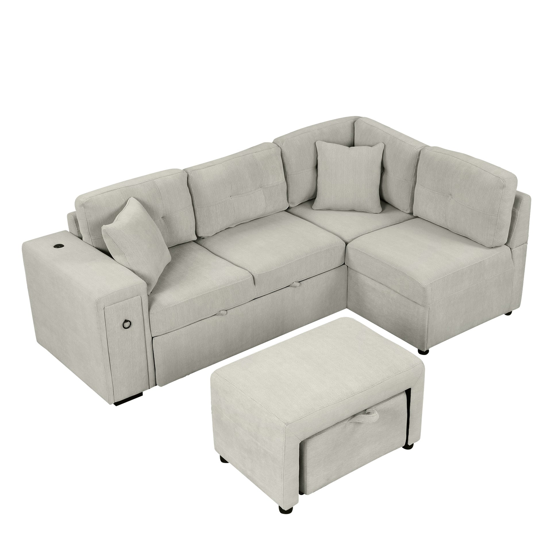 86.6" Sectional Sofa L Shaped Sofa Couch Pull Out Sofa Bed With A Movable Ottoman, Two Usb Ports And Two Cup Holders For Living Room, Gray Grey Foam Chenille 4 Seat