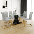 Modern Style Glass Dining Table, Elegant Transparent Design, Solid Support Base, Grey Dining Chair Set, Gold Plated Chair Legs, Suitable For Restaurant Kitchen Use Set Of 7 Grey Glass